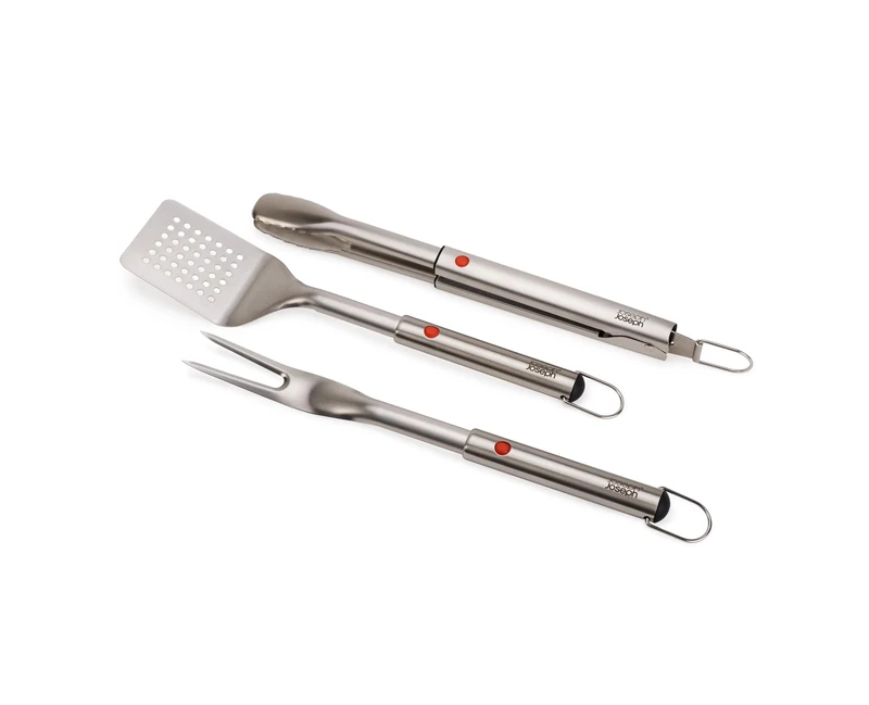 Joseph Joseph GrillOut 3-piece Stainless Steel BBQ Utensil Set, Turner, Tongs & Fork, Retractable Handle, Hanging Loops