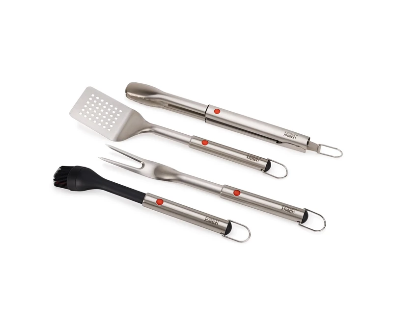 Joseph Joseph GrillOut 4-Piece Stainless Steel BBQ Utensil Set with Storage Case, Brush, Tongs, Turner & Fork, Retractable Handle, Hanging Loops