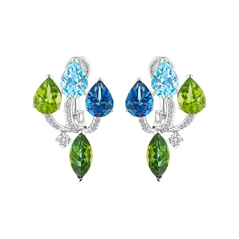 Hueb,18k Amazonia (cocar) White Gold Earring With 0.28 Cts Vs-Gh Diamonds And Topaz And Peridot And Tourmaline,ONE SIZE