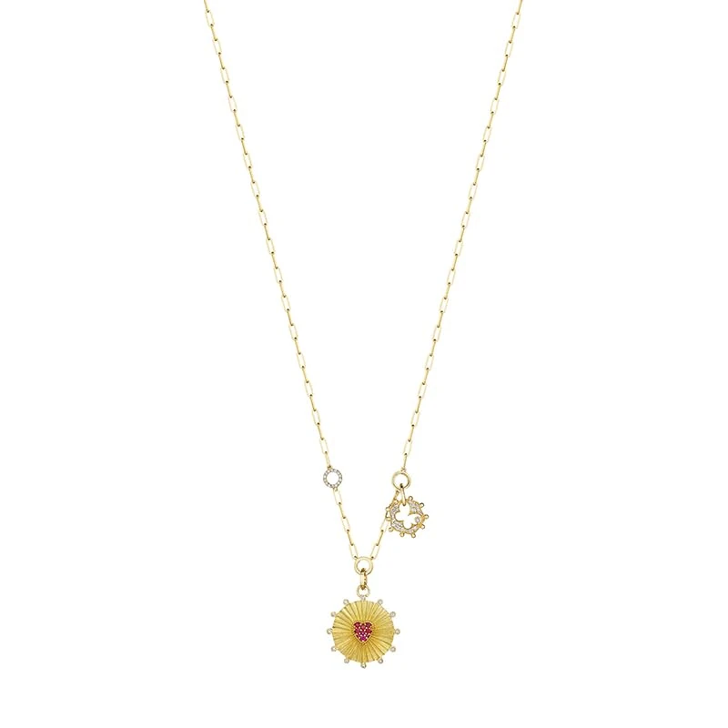 Hueb,18k Penka Yellow Gold Necklace With 0.55 Cts Vs-Gh Diamonds And Ruby,18"
