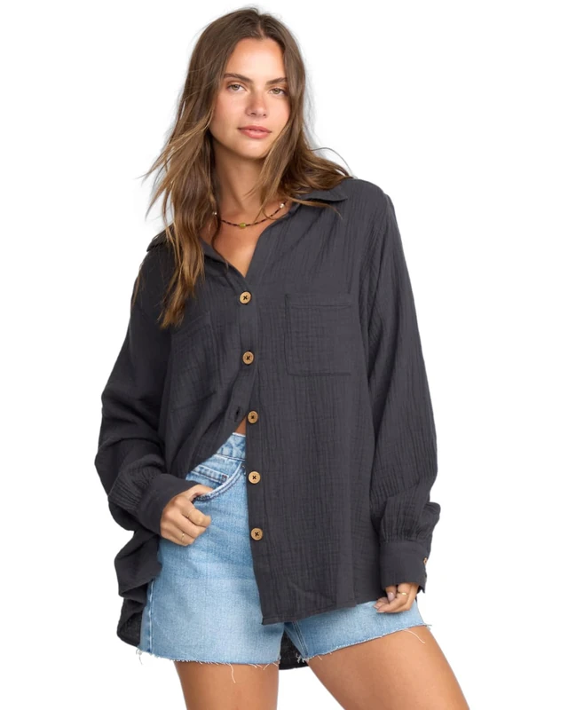 Billabong Women's Swell Blouse Button Down Shirt, Black Sands, S