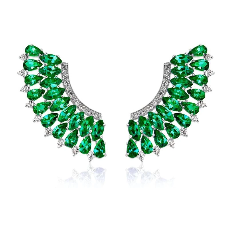 Hueb,18k Mirage White Gold Earring With 0.41 Cts Vs-Gh Diamonds And Emerald,ONE SIZE