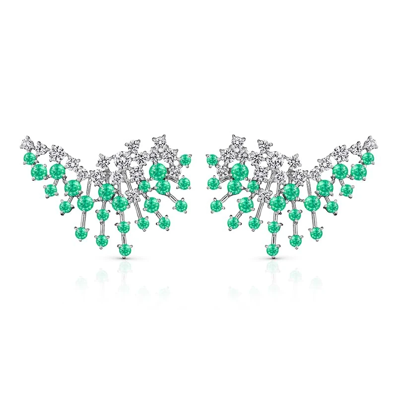 Hueb,18k Luminus White Gold Earring With 1.62 Cts Vs-Gh Diamonds And Emerald,ONE SIZE