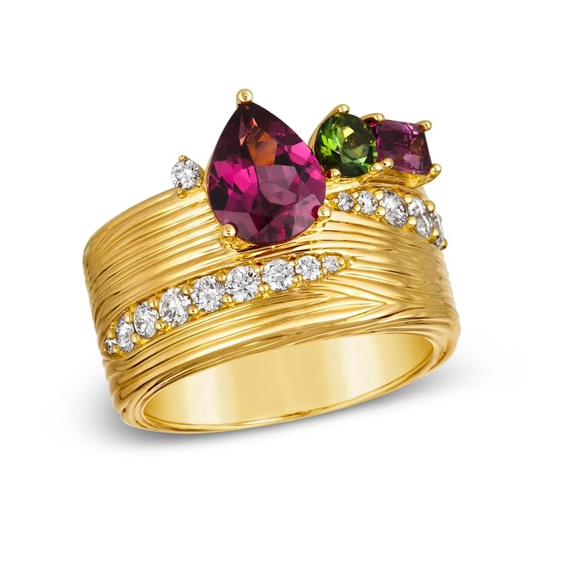 Hueb,18k Amazonia (buriti) Yellow Gold Ring With 0.61 Cts Vs-Gh Diamonds And Tourmaline And Garnet,7