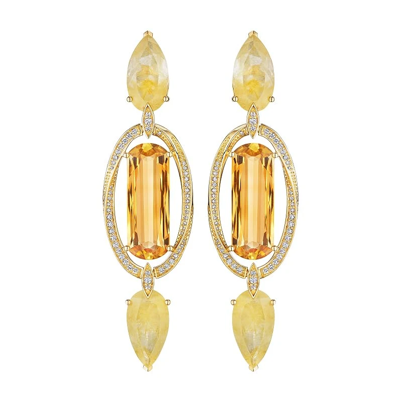 Hueb,18k Onsa Yellow Gold Earring With 0.51 Cts Vs-Gh Diamonds And Citrine And Rutilated Quartz,ONE SIZE