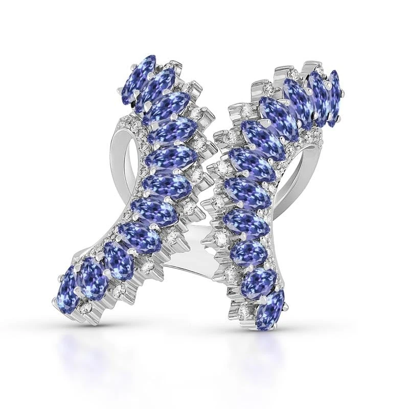 Hueb,18k Mirage White Gold Ring With 0.62 Cts Vs-Gh Diamonds And Tanzanite,7
