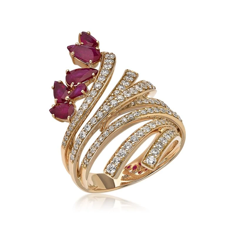 Hueb,18k Mirage Yellow Gold Ring With 1.05 Cts Vs-Gh Diamonds And Ruby,7