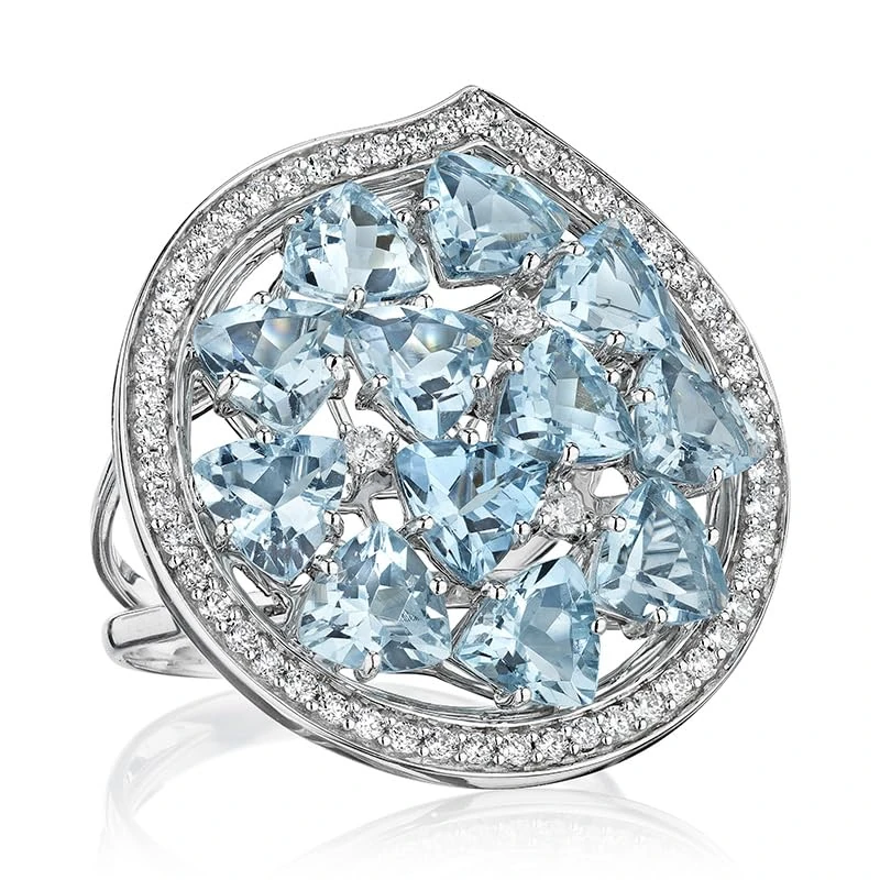 Hueb,18k Mirage White Gold Ring With 0.38 Cts Vs-Gh Diamonds And Aquamarine,6.5