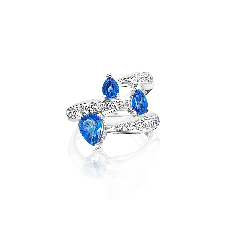 Hueb,18k Amazonia (cocar) White Gold Ring With 0.40 Cts Vs-Gh Diamonds And Sapphire,7