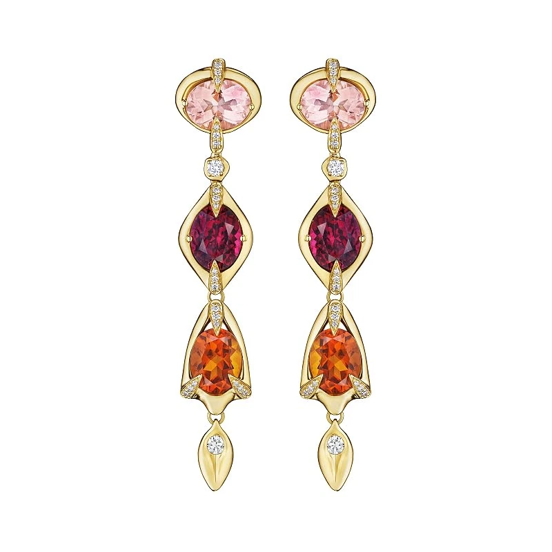 Hueb,18k Onsa Yellow Gold Earring With 0.39 Cts Vs-Gh Diamonds And Morganite And Rhodolite And Citrine,ONE SIZE