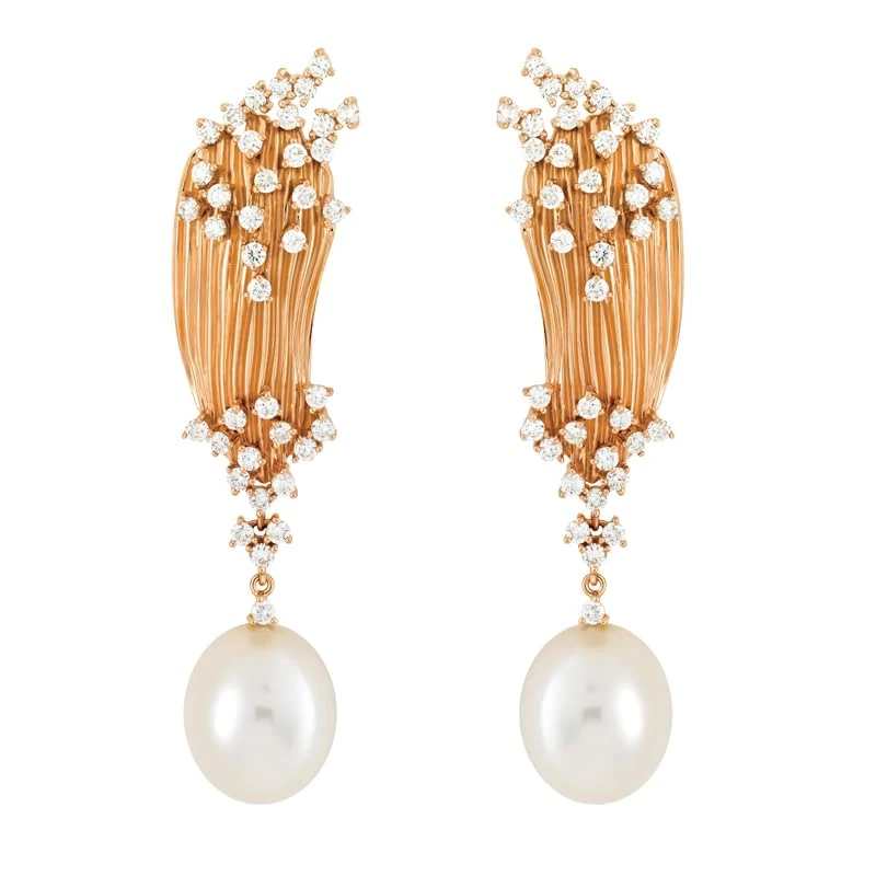 Hueb,18k Bahia Pink Gold Earring With 1.38 Cts Vs-Gh Diamonds And Pearl,ONE SIZE