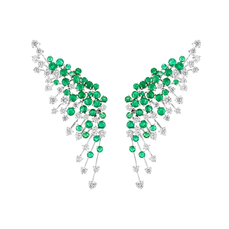 Hueb,18k Luminus White Gold Earring With 2.65 Cts Vs-Gh Diamonds And Emerald,ONE SIZE