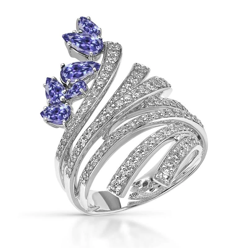 Hueb,18k Mirage White Gold Ring With 1.01 Cts Vs-Gh Diamonds And Tanzanite,6.5