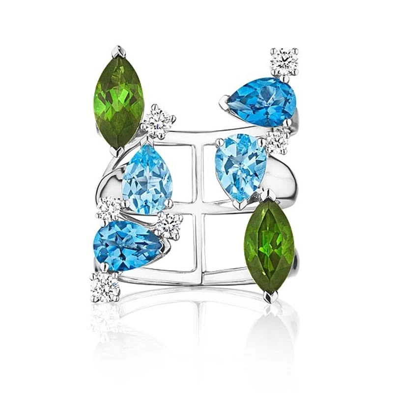Hueb,18k Amazonia (cocar) White Gold Ring With 0.40 Cts Vs-Gh Diamonds And Tourmaline And Topaz,7