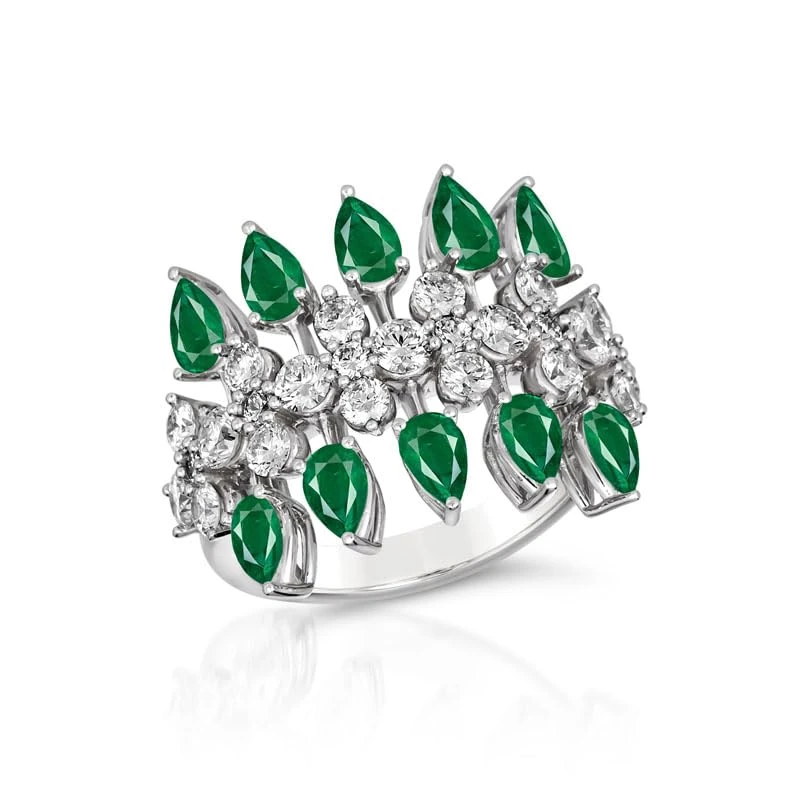 Hueb,18k Amazonia (cocar) White Gold Ring With 1.48 Cts Vs-Gh Diamonds And Emerald,7