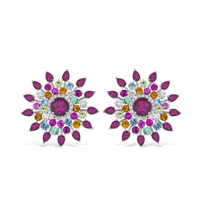 Hueb,18k Amazonia (cocar) White Gold Earring With 0.40 Cts Vs-Gh Diamonds And Ruby And Citrine And Topaz And Emerald And Sapphire And Peridot And Rhodolite,ONE SIZE
