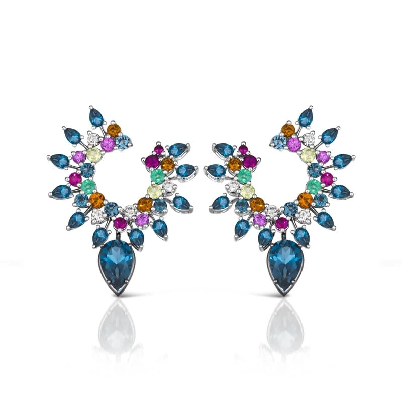 Hueb,18k Amazonia (cocar) White Gold Earring With 0.29 Cts Vs-Gh Diamonds And Ruby And Sapphire And Citrine And Topaz And Emerald And Peridot,ONE SIZE