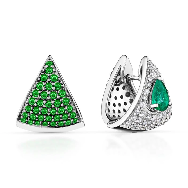 Hueb,18k Mirage White Gold Earring With 0.38 Cts Vs-Gh Diamonds And Tsavorite And Emerald,ONE SIZE