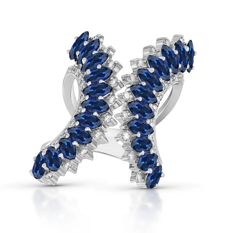 Hueb,18k Mirage White Gold Ring With 0.60 Cts Vs-Gh Diamonds And Sapphire,7