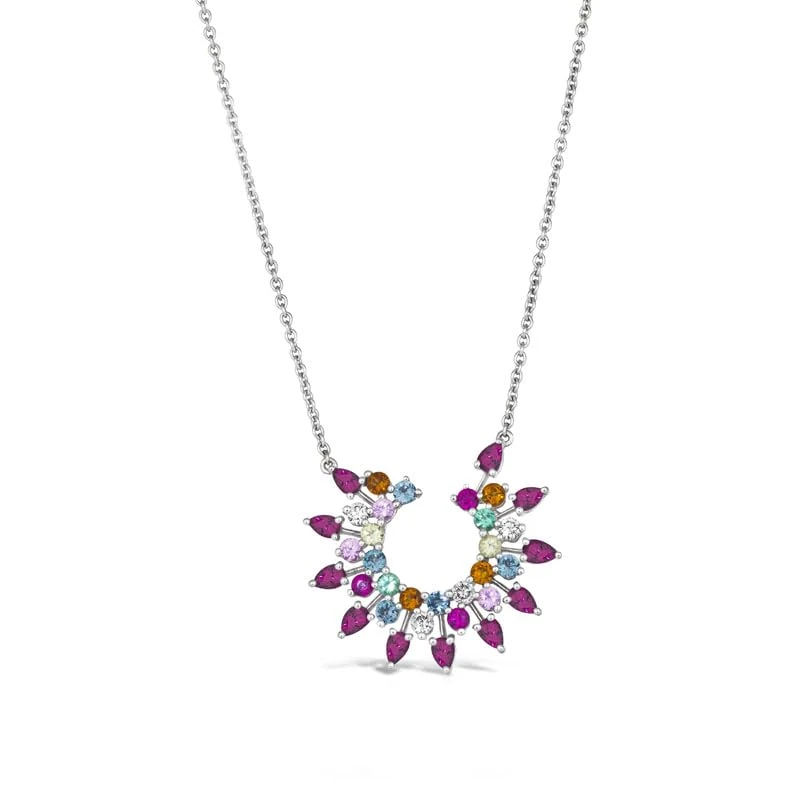 Hueb,18k Amazonia (cocar) White Gold Necklace With 0.65 Cts Vs-Gh Diamonds And Citrine And Topaz And Sapphire And Ruby And Emerald And Peridot And Garnet,18"