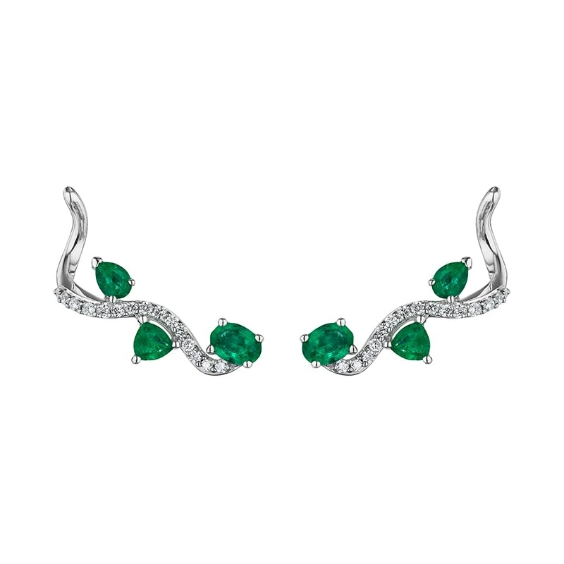 Hueb,18k Mirage White Gold Earring With 0.26 Cts Vs-Gh Diamonds And Emerald,ONE SIZE