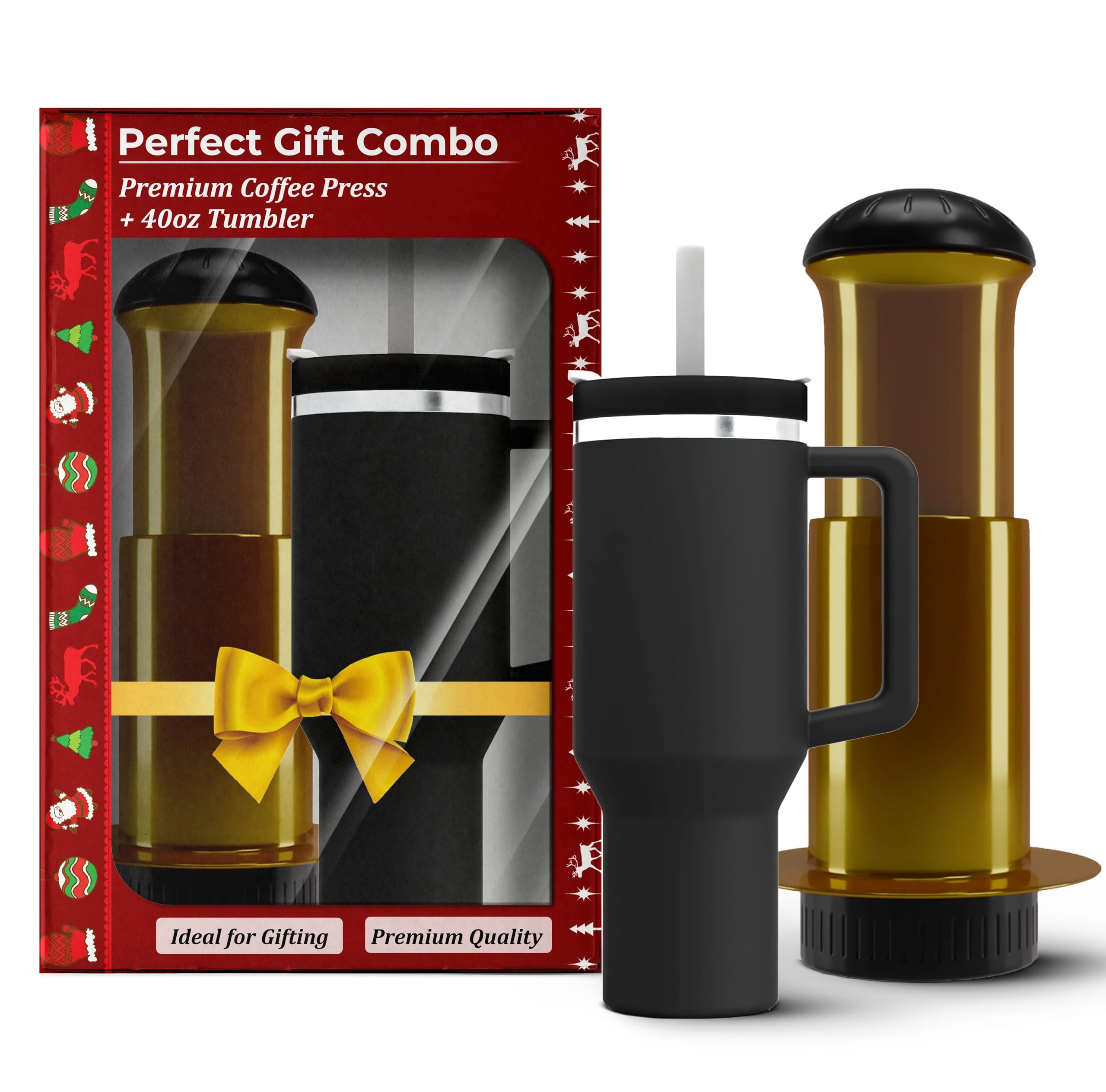 UR CHOICE French Press Coffee Maker & Insulated Tumbler Combo Set, Portable Coffee Press with 40 oz Travel Mug for Hot & Cold Drinks | Gift Set for Coffee Lovers, Home, Office & Travel (BLACK CUP)