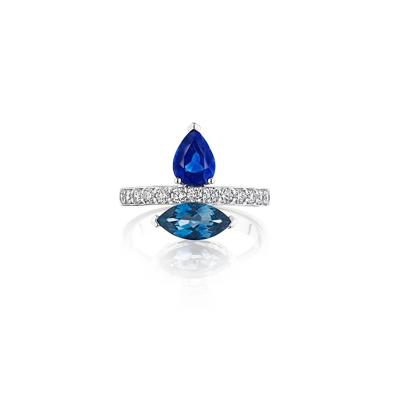 Hueb,18k Amazonia (cocar) White Gold Ring With 0.41 Cts Vs-Gh Diamonds And Topaz And Sapphire,7
