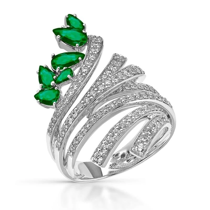 Hueb,18k Mirage White Gold Ring With 0.99 Cts Vs-Gh Diamonds And Emerald,7
