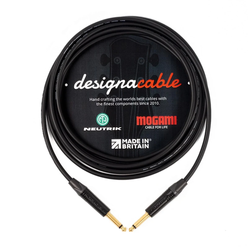 designacable.com 9m - Straight to Straight Black Jack Guitar Cable - Handmade in the UK using Mogami GOLD 2524 Guitar Cable & Neutrik NP2X-B Jacks.