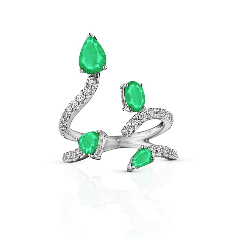 Hueb,18k Mirage White Gold Ring With 0.28 Cts Vs-Gh Diamonds And Emerald,7
