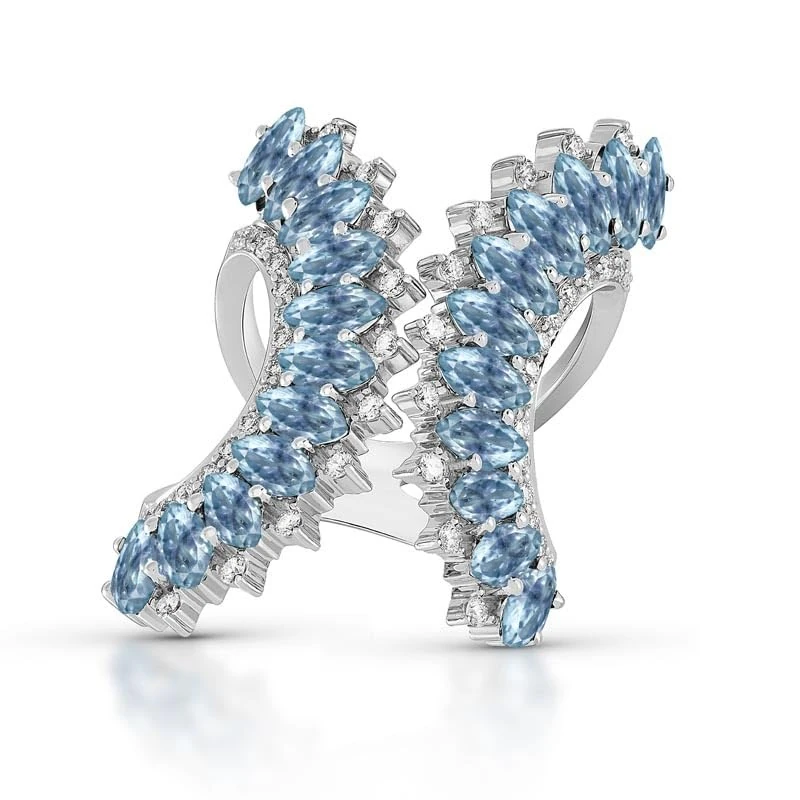 Hueb,18k Mirage White Gold Ring With 0.56 Cts Vs-Gh Diamonds And Aquamarine,7