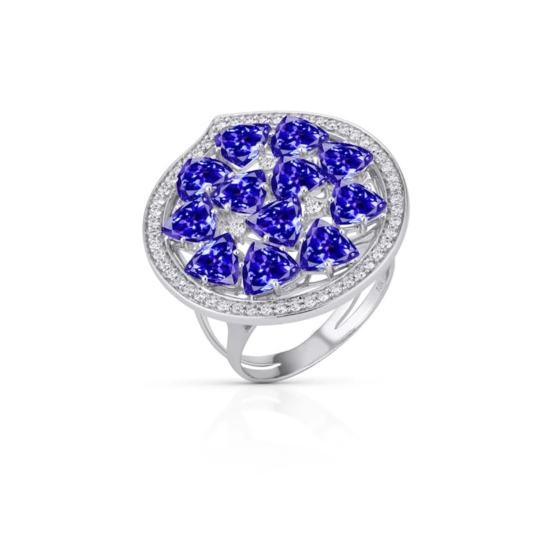 Hueb,18k Mirage White Gold Ring With 0.35 Cts Vs-Gh Diamonds And Tanzanite,7