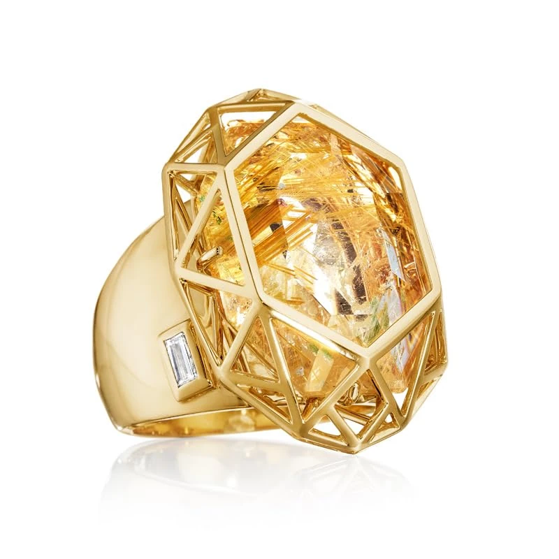 Hueb,18k Estelar Yellow Gold Ring With 0.07 Cts Vs-Gh Diamonds And Quartz,7