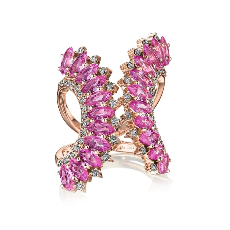 Hueb,18k Mirage Pink Gold Ring With 0.57 Cts Vs-Gh Diamonds And Sapphire,6.5