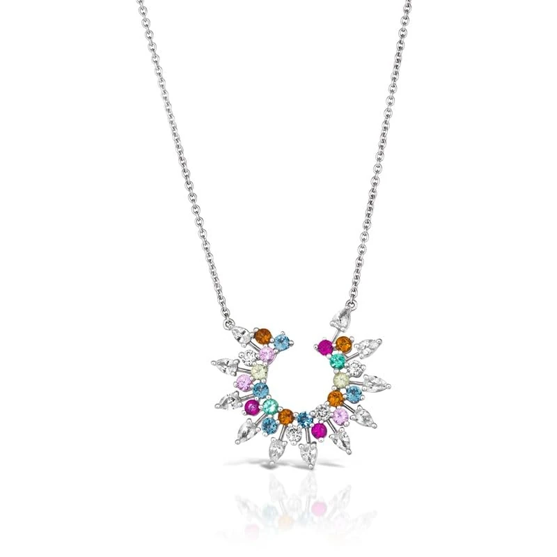 Hueb,18k Amazonia (cocar) White Gold Necklace With 0.68 Cts Vs-Gh Diamonds And Citrine And Topaz And Sapphire And Ruby And Emerald And Peridot,18"
