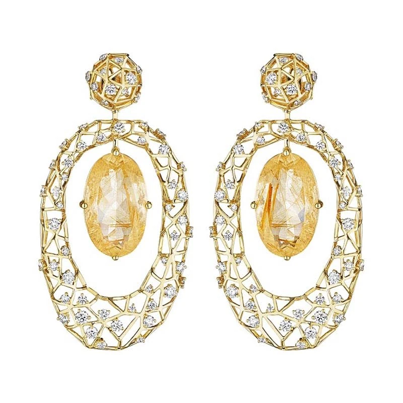 Hueb,18k Estelar Yellow Gold Earring With 2.80 Cts Vs-Gh Diamonds And Quartz,ONE SIZE