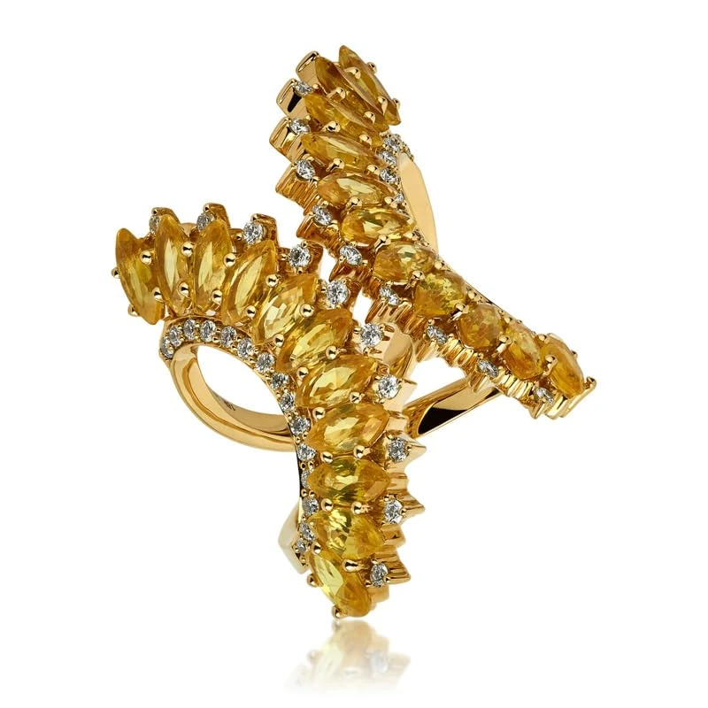 Hueb,18k Mirage Yellow Gold Ring With 0.60 Cts Vs-Gh Diamonds And Sapphire,7