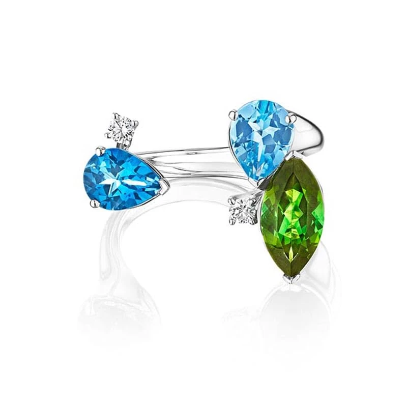 Hueb,18k Amazonia (cocar) White Gold Ring With 0.13 Cts Vs-Gh Diamonds And Tourmaline And Topaz,7