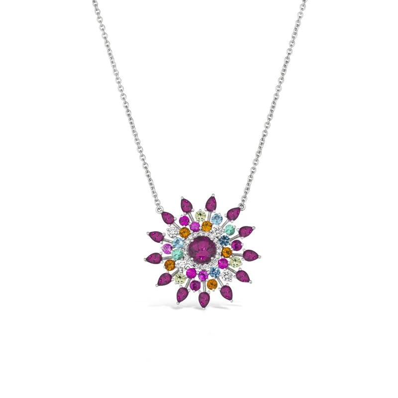 Hueb,18k Amazonia (cocar) White Gold Necklace With 0.20 Cts Vs-Gh Diamonds And Rhodolite And Citrine And Topaz And Sapphire And Ruby And Emerald And Peridot,18"