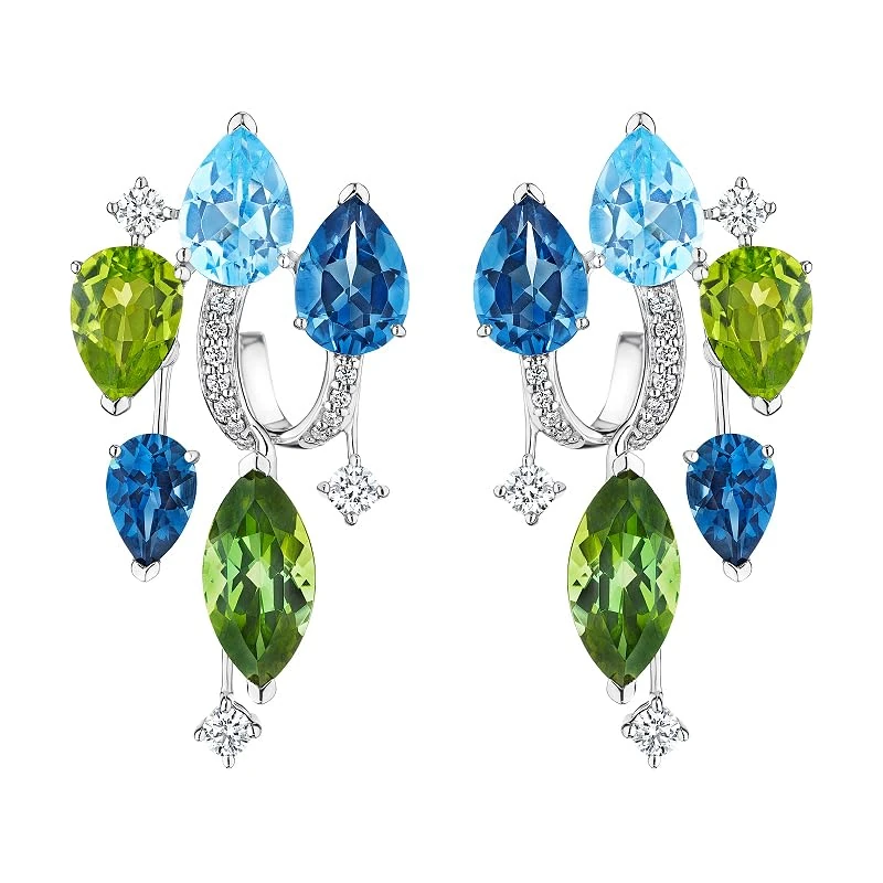 Hueb,18k Amazonia (cocar) White Gold Earring With 0.39 Cts Vs-Gh Diamonds And Topaz And Peridot And Tourmaline,ONE SIZE