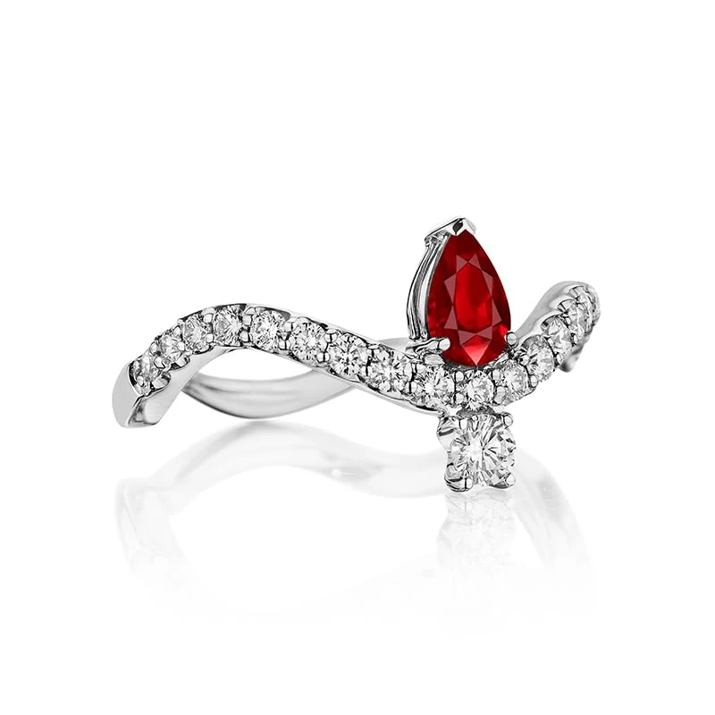 Hueb,18k Mirage White Gold Ring With 0.37 Cts Vs-Gh Diamonds And Ruby,7