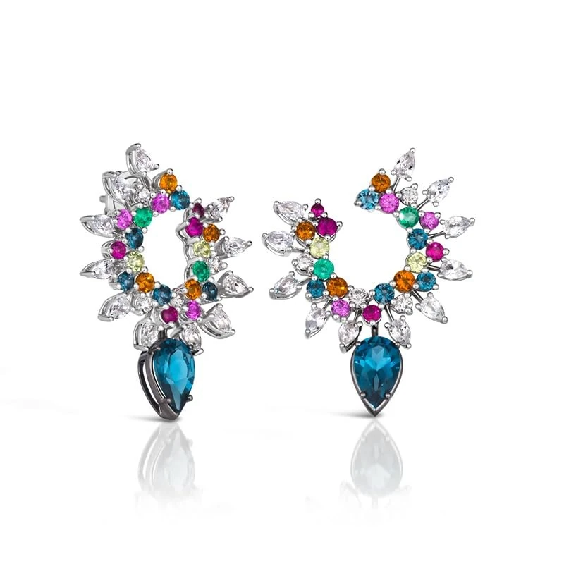 Hueb,18k Amazonia (cocar) White Gold And Black Rhodium Earring With 0.27 Cts Vs-Gh Diamonds And Ruby And Sapphire And Citrine And Topaz And Emerald And Peridot,ONE SIZE