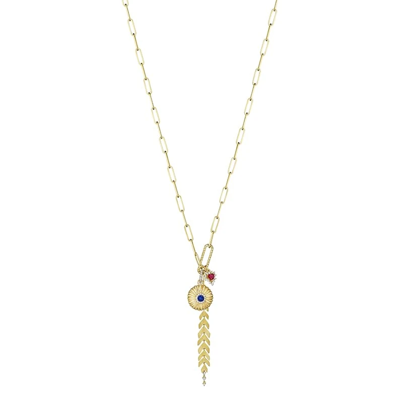 Hueb,18k Penka Yellow Gold Necklace With 0.36 Cts Vs-Gh Diamonds And Ruby And Sapphire,18"