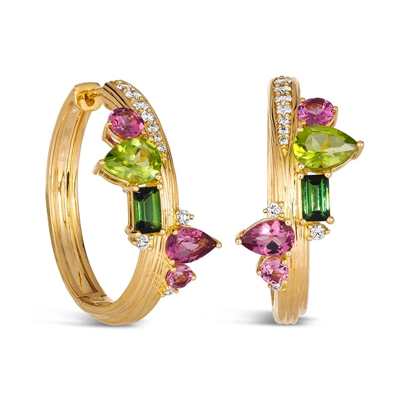 Hueb,18k Amazonia (buriti) Yellow Gold Earring With 0.33 Cts Vs-Gh Diamonds And Tourmaline And Peridot And Garnet,ONE SIZE