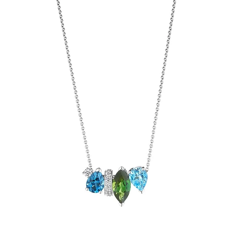 Hueb,18k Amazonia (cocar) White Gold Necklace With 0.25 Cts Vs-Gh Diamonds And Tourmaline And Topaz,18"