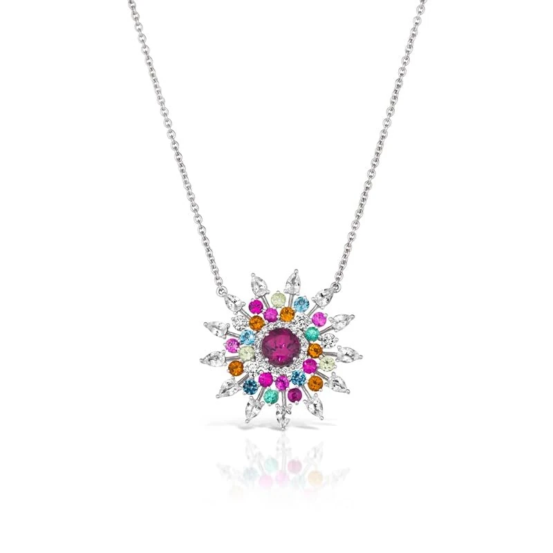 Hueb,18k Amazonia (cocar) White Gold Necklace With 0.20 Cts Vs-Gh Diamonds And Rhodolite And Citrine And Topaz And Sapphire And Ruby And Emerald And Peridot,18"