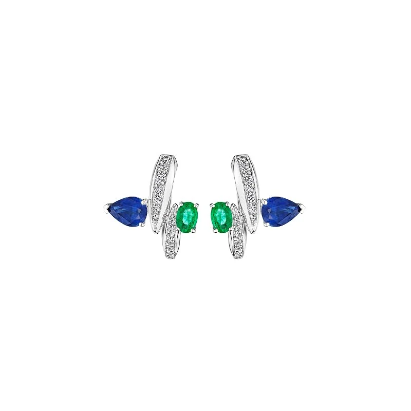 Hueb,18k Amazonia (cocar) White Gold Earring With 0.31 Cts Vs-Gh Diamonds And Sapphire And Emerald,ONE SIZE