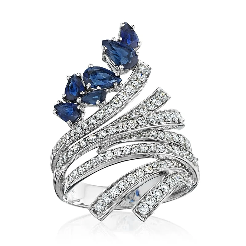 Hueb,18k Mirage White Gold Ring With 1.03 Cts Vs-Gh Diamonds And Sapphire,7