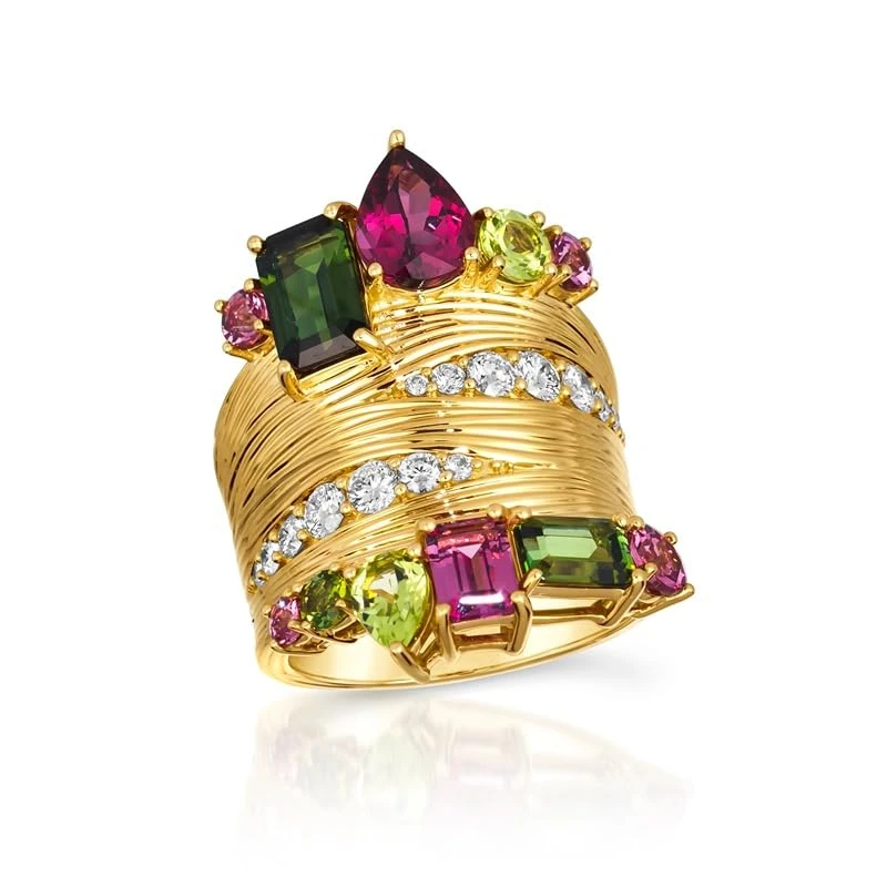 Hueb,18k Amazonia (buriti) Yellow Gold Ring With 0.56 Cts Vs-Gh Diamonds And Tourmaline And Peridot And Garnet,7