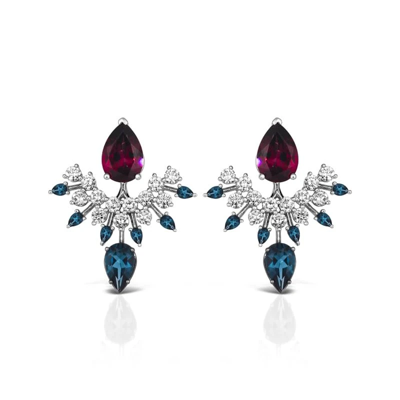 Hueb,18k Amazonia (cocar) White Gold Earring With 1.60 Cts Vs-Gh Diamonds And Topaz And Rhodolite,ONE SIZE